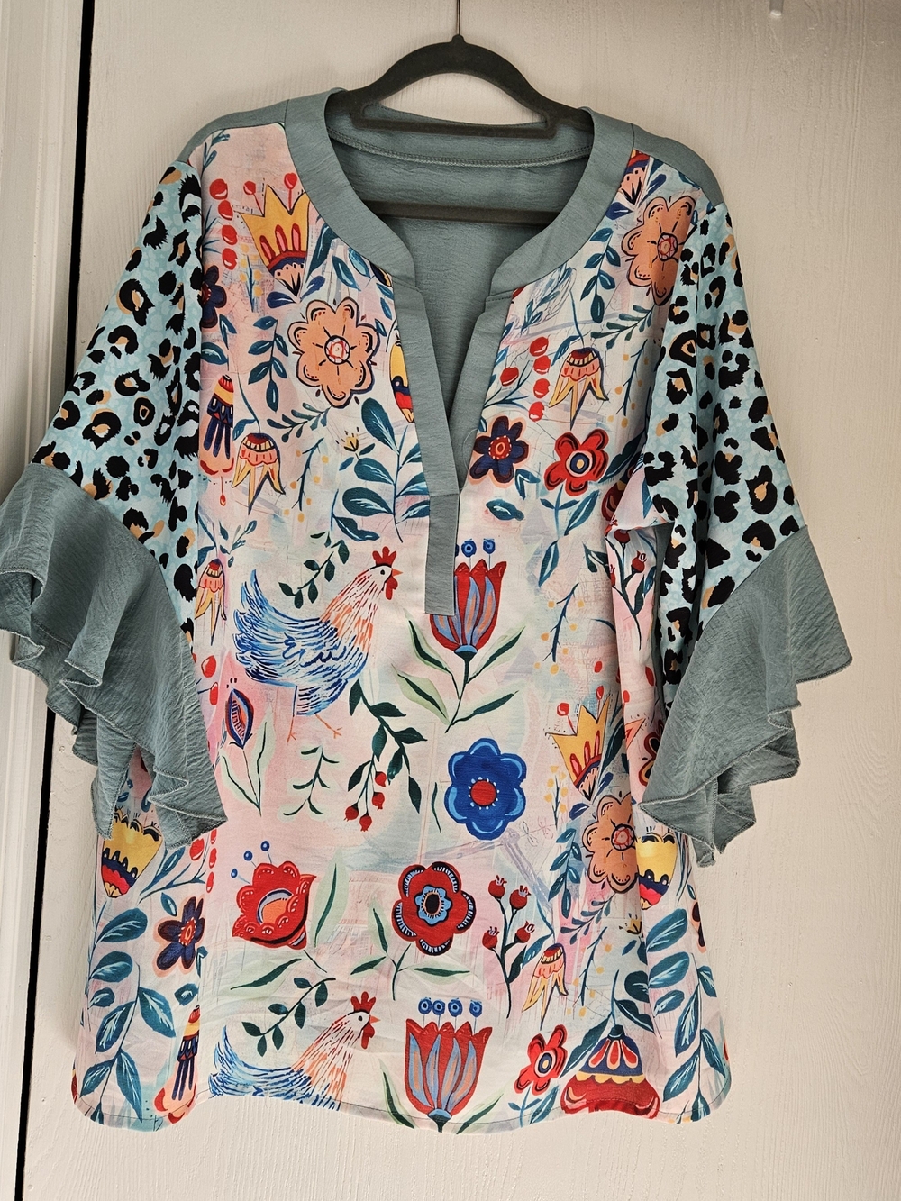 Cherry Betty Womens Floral & Rooster Print Tunic Top in Light Teal